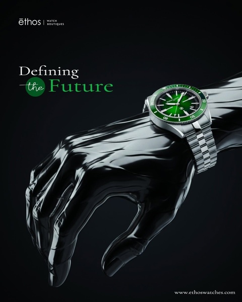 wristwatch, analog watch, dive watch, steel bracelet watch, luxury watch, sport watch, brand awareness, product launch, editorial, minimalist, luxurious, bold, black, green, neutral